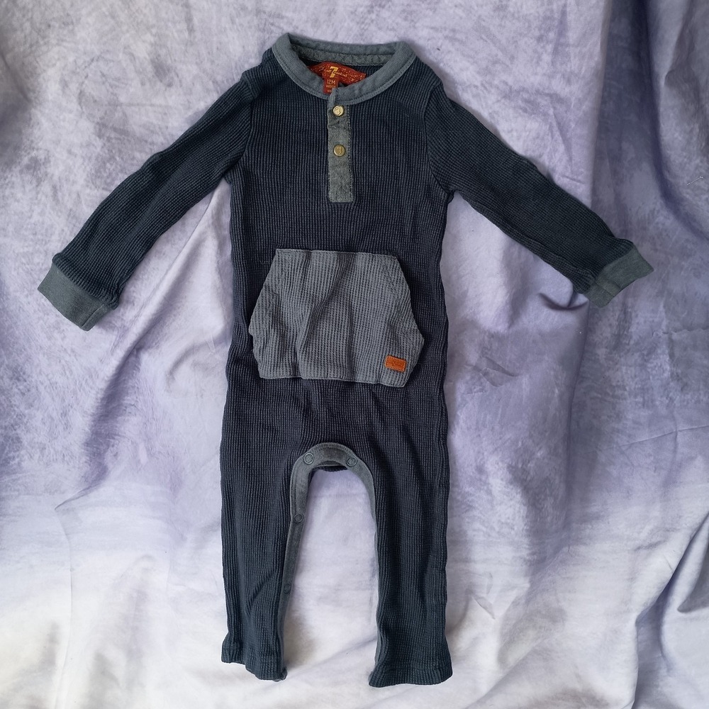 7 For All Mankind Baby Boys Waffle Knit Henley Romper Coverall Long Sleeve